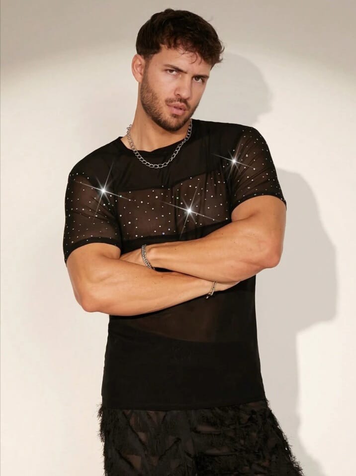 Bonga Boys Mens Rhinestone Details Mesh T-Shirt, Summer